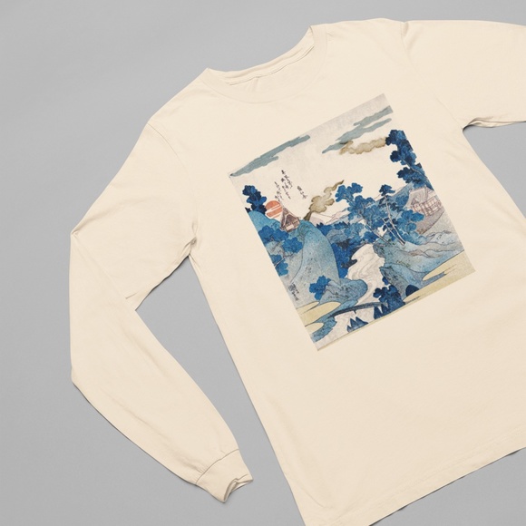 Evening View Mt Fuji VTG Ukyio-e Print Long Sleeve Graphic Tee T-shirt S M L XL - Picture 2 of 6